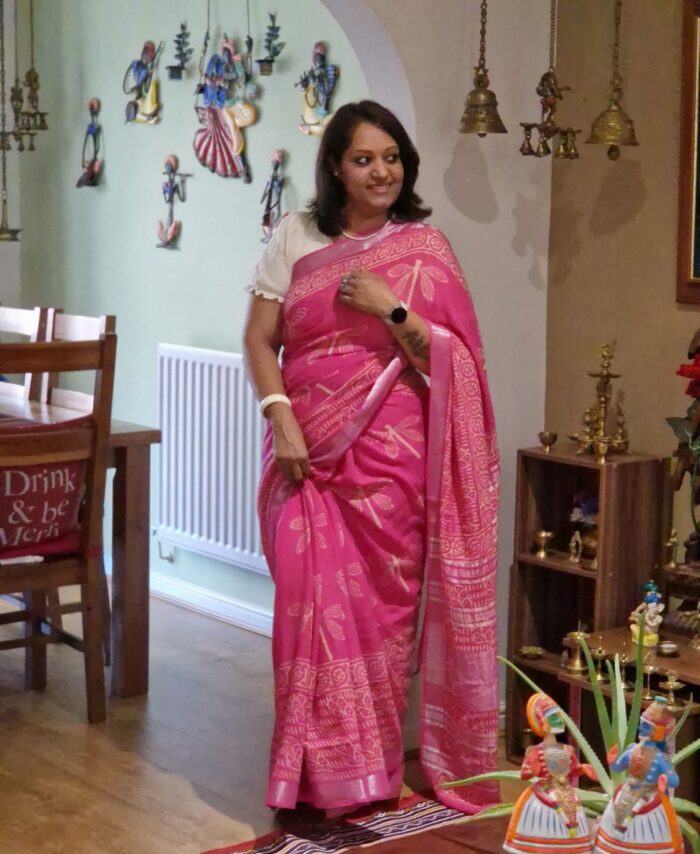 Handblock linen cotton saree