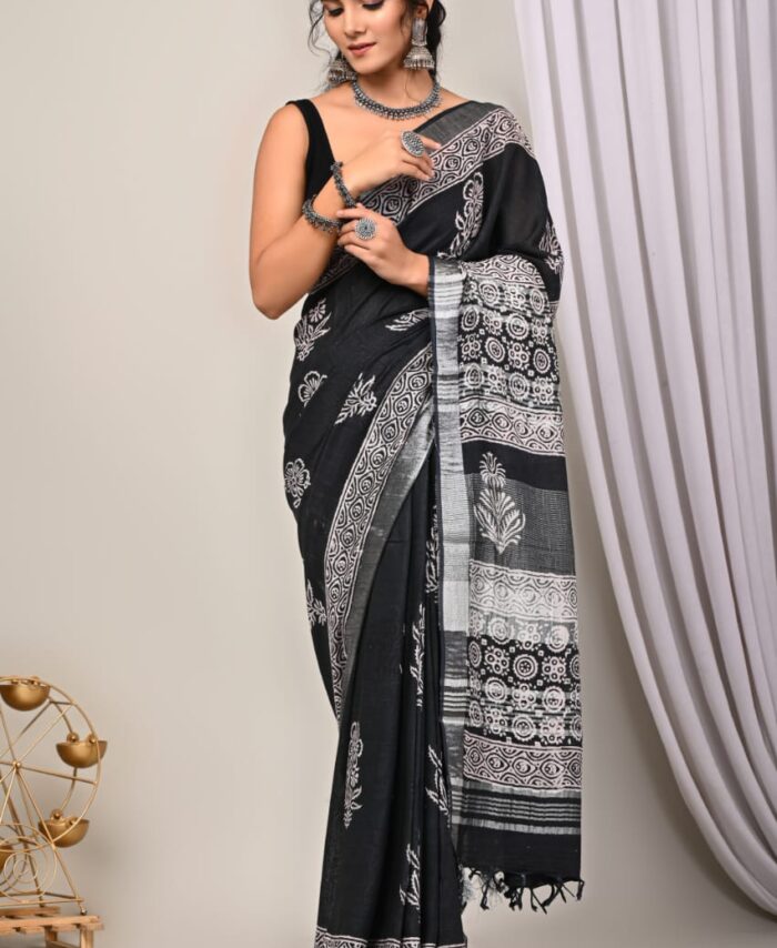 Hand Block Printed Linen Saree