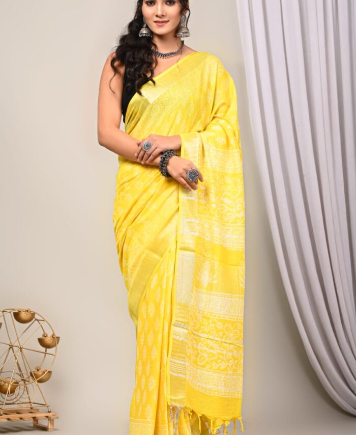 Hand Block Printed Linen Saree