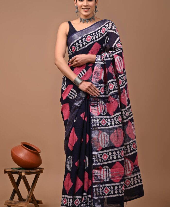 Hand Block Printed Linen Saree