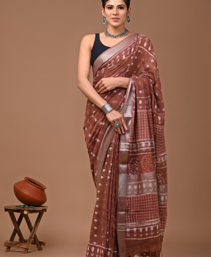 Hand Block Printed Linen Saree