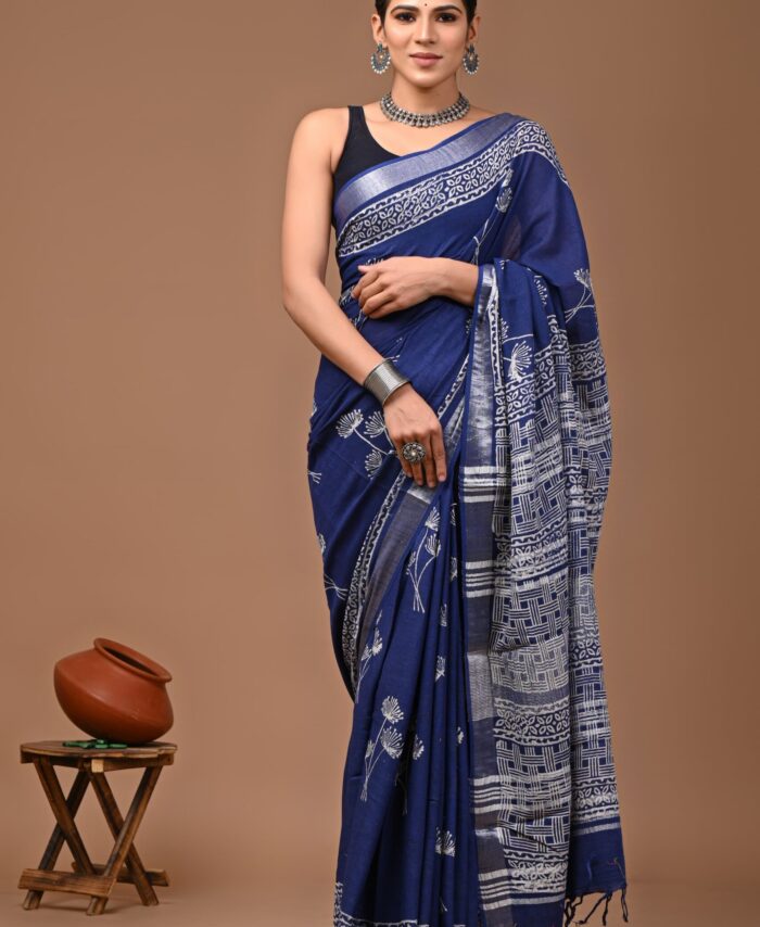 Hand Block Printed Linen Saree
