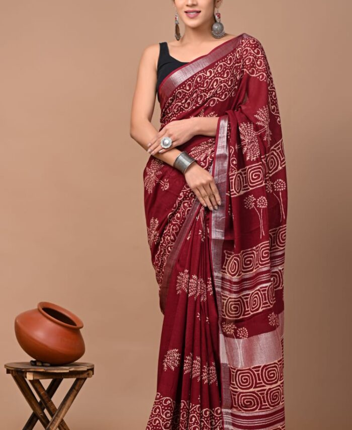 Hand Block Printed Linen Saree