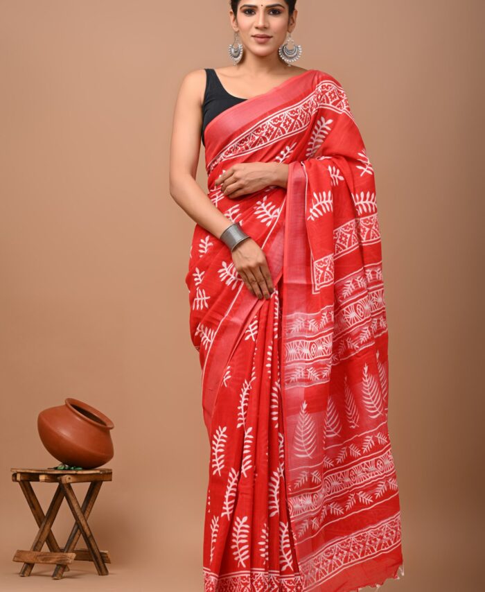 Hand Block Printed Linen Saree