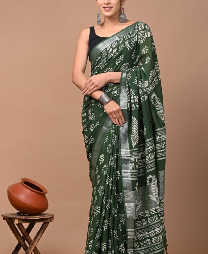 Hand Block Printed Linen Saree