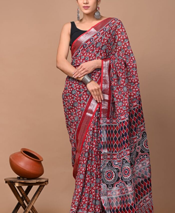 Hand Block Printed Linen Saree
